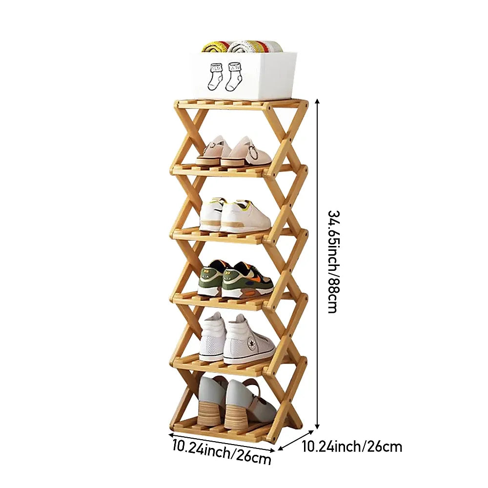 Bamboo Folding Shoe Rack 6 Tier Efficient Hallway Storage-Furniture Kingdom